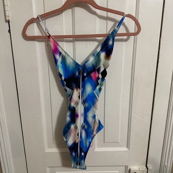 Milly Veracruz One Piece Swimsuit Side Cutouts Blue Abstract Print Large G - Picture 3 of 11